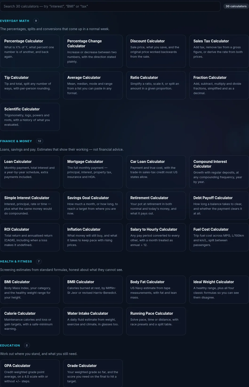 Grid of calculators grouped by category.