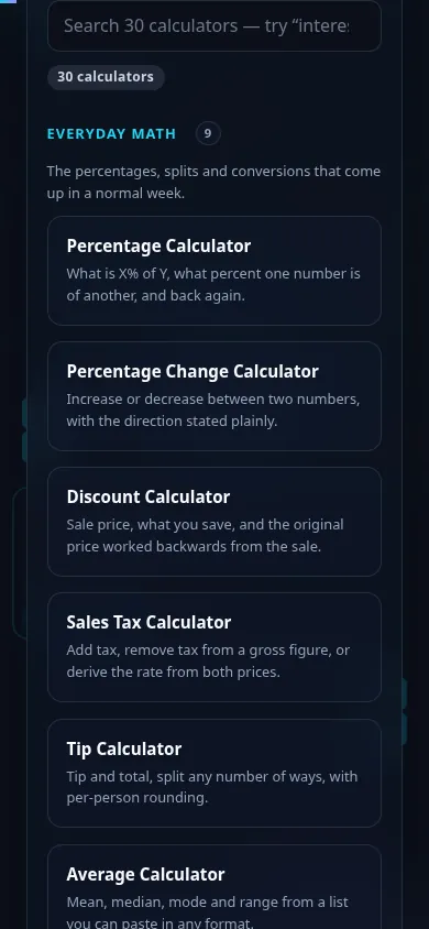 Calculators hub on a phone, no app installed.