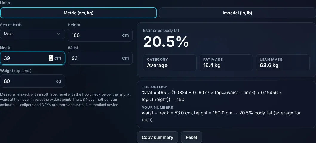 Body Fat Calculator estimating body-fat percentage in the browser.