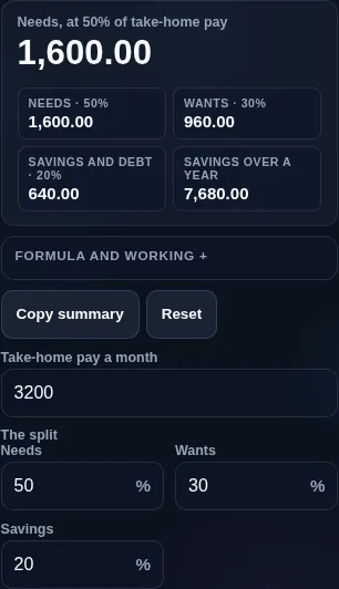 Budget calculator running in a phone browser, with the pay input and the three category cards stacked