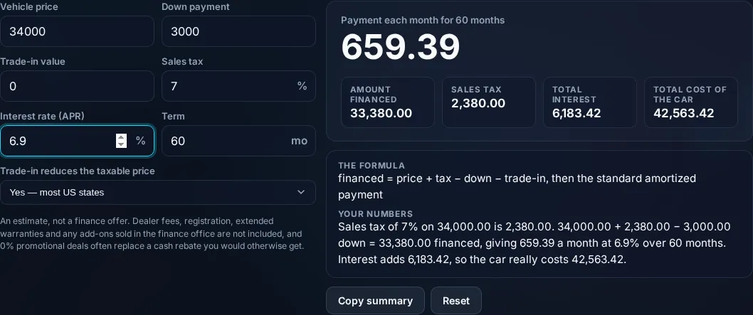 Car Loan Calculator showing the monthly auto payment in the browser.