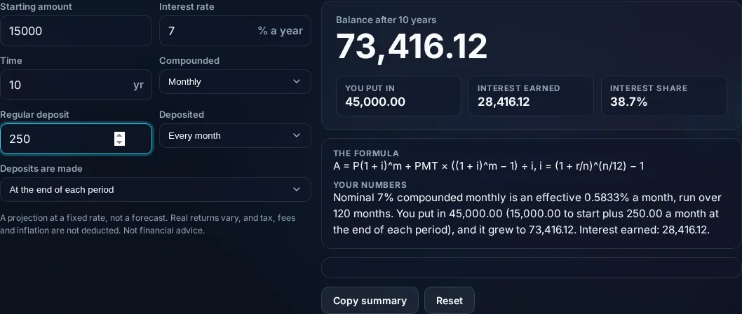 Compound Interest Calculator projecting savings growth in the browser.