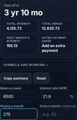 Calculating debt payoff on a phone, no app installed.