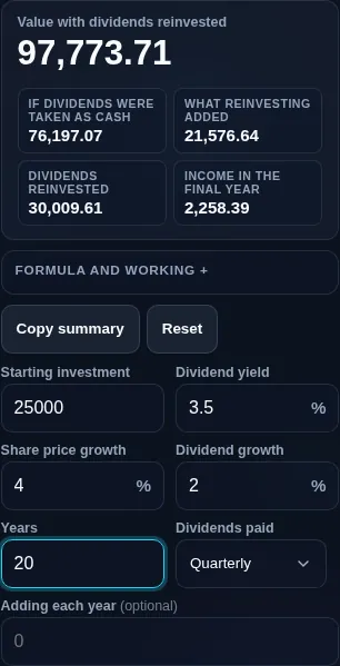 DRIP calculator running in a phone browser with the assumption fields stacked