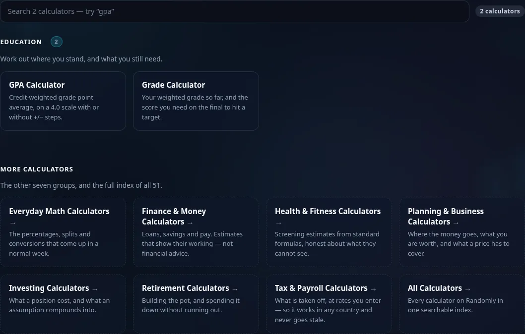 The Education calculator grid on Randomly in dark mode — 2 cards: GPA, Grade