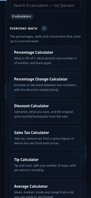 The Everyday Math calculators on a phone, the 9 cards stacked in a single column