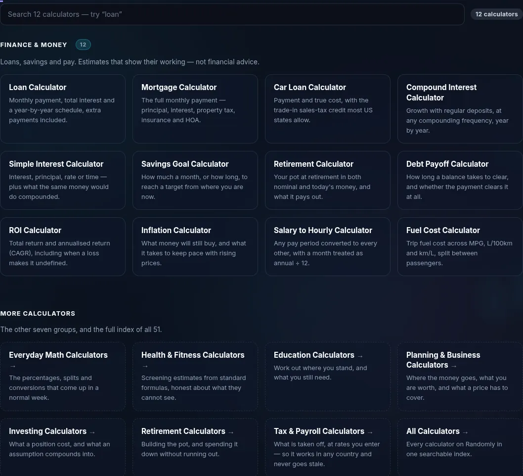 The Finance & Money calculator grid on Randomly in dark mode — 12 cards: Loan, Mortgage, Car Loan, Compound Interest, Simple Interest, Savings Goal, Retirement, Debt Payoff, ROI, Inflation, Salary to Hourly, Fuel Cost