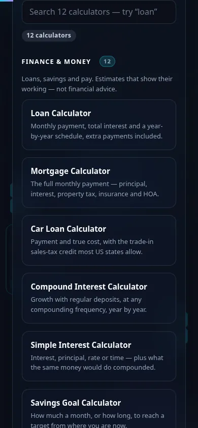The Finance & Money calculators on a phone, the 12 cards stacked in a single column