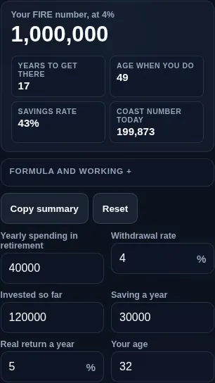 FIRE calculator running in a phone browser with the spending and savings fields stacked