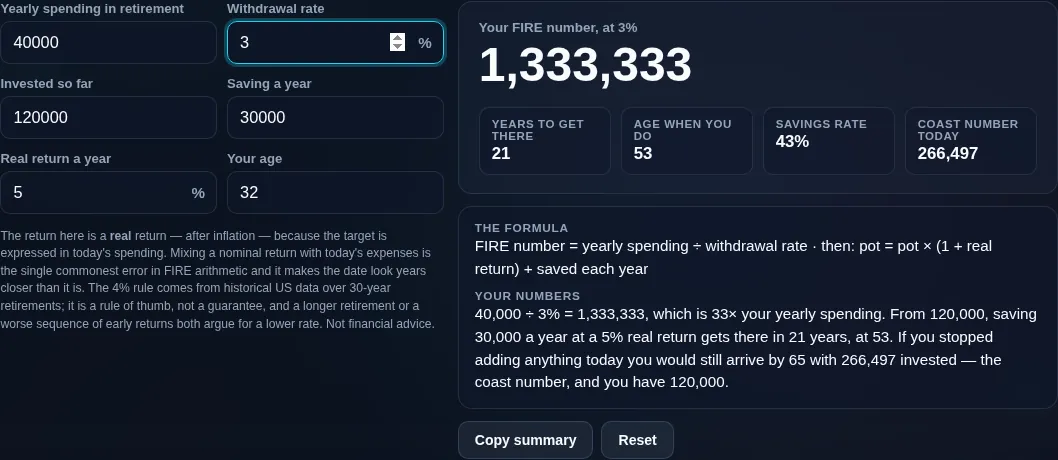 FIRE calculator at a lower withdrawal rate, where the same spending needs a much larger target