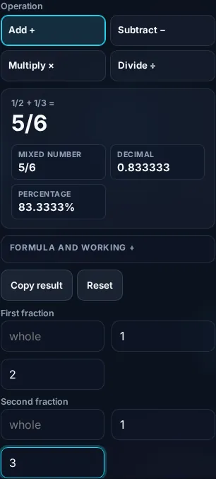 Calculating fractions on a phone, no app installed.