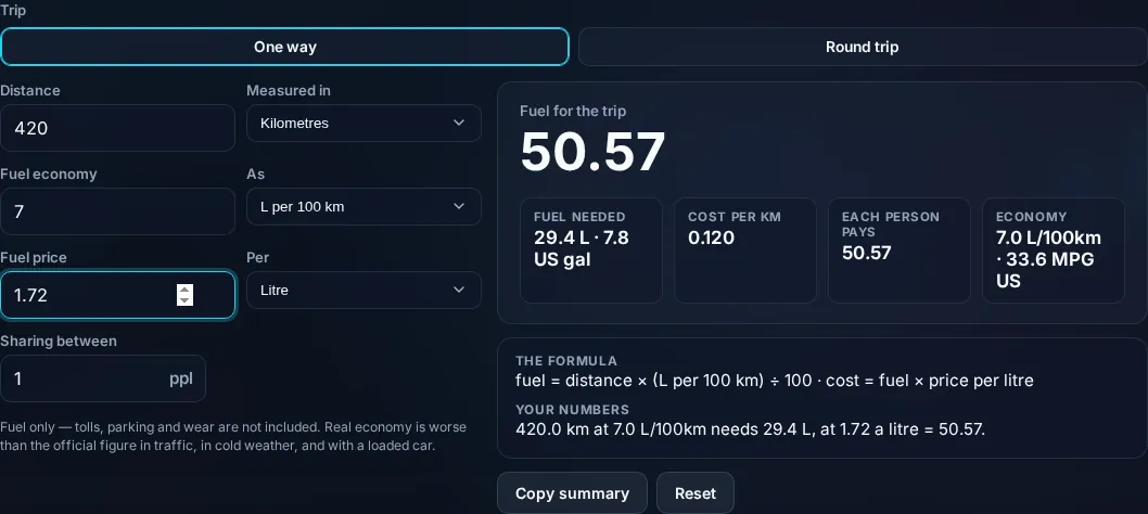 Fuel Cost Calculator estimating trip fuel cost in the browser.