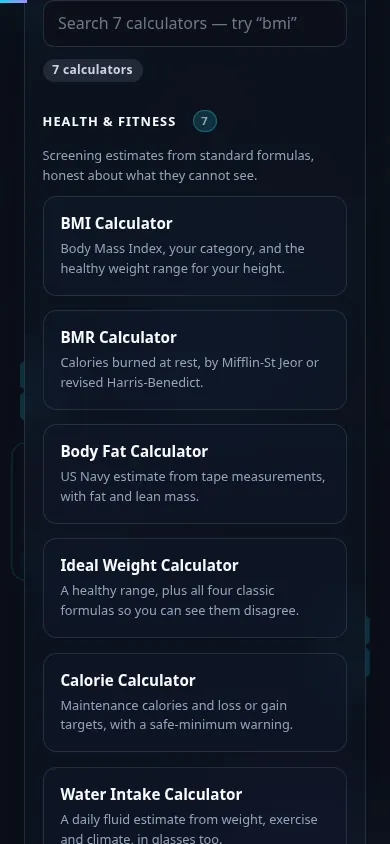 The Health & Fitness calculators on a phone, the 7 cards stacked in a single column