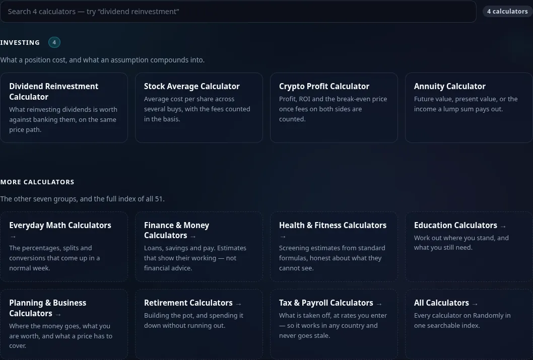 The Investing calculator grid on Randomly in dark mode — 4 cards: Dividend Reinvestment, Stock Average, Crypto Profit, Annuity