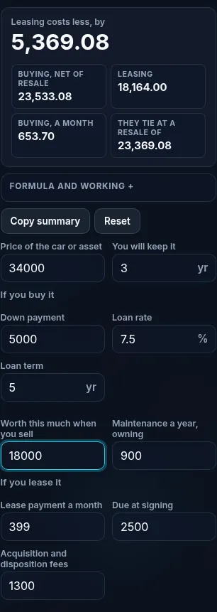 Lease vs buy calculator running in a phone browser, with the buy and lease columns stacked