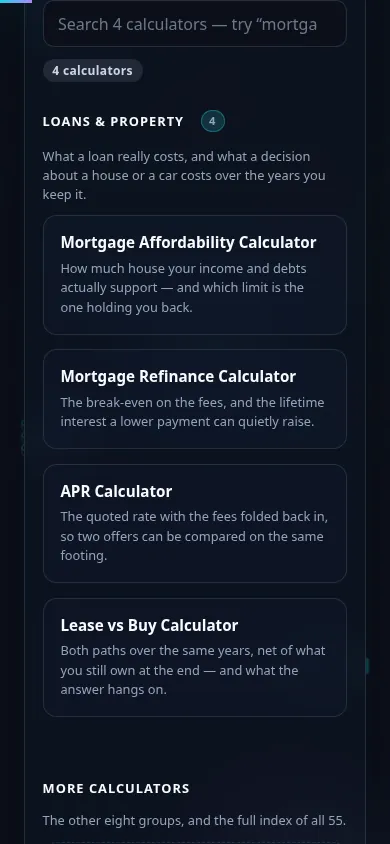 The Loans & Property calculators on a phone, the 4 cards stacked in a single column