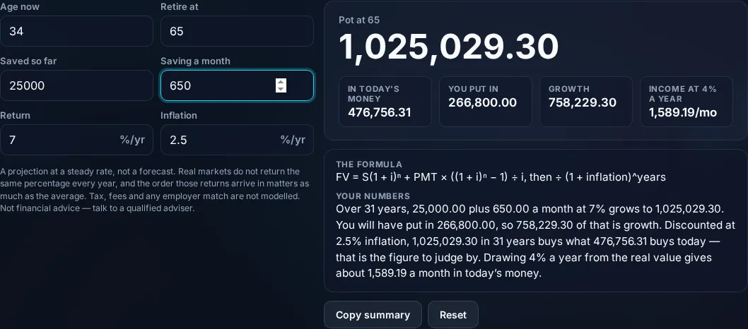 Retirement Calculator projecting a nest egg in the browser.