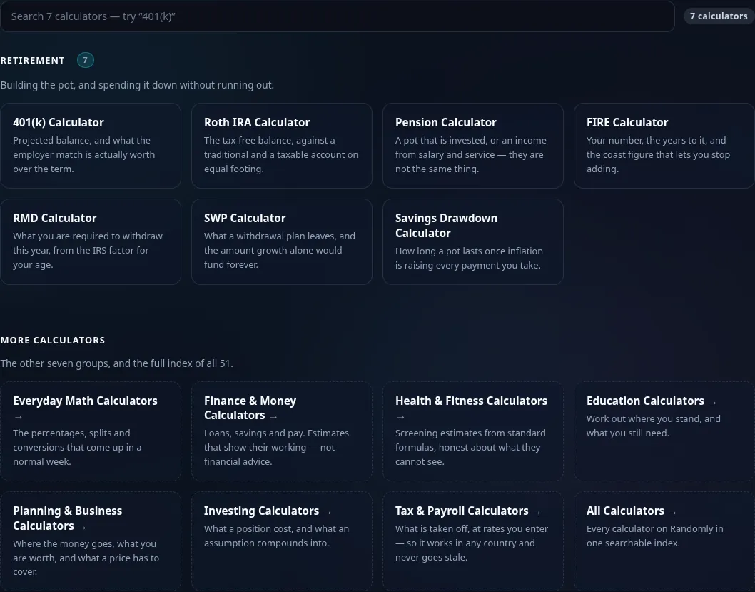 The Retirement calculator grid on Randomly in dark mode — 7 cards: 401(k), Roth IRA, Pension, FIRE, RMD, SWP, Savings Drawdown