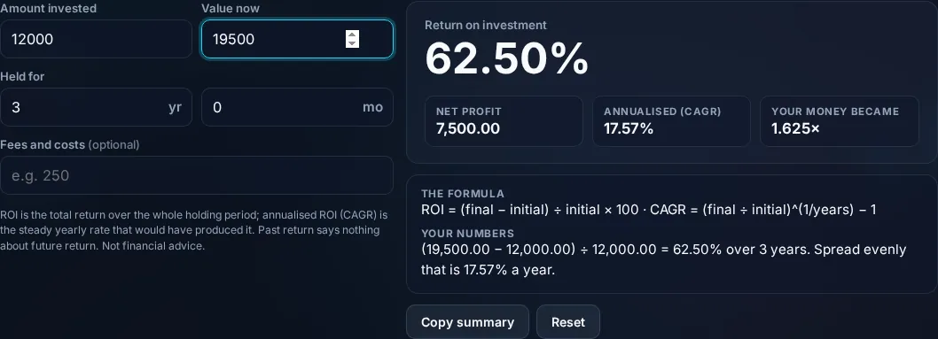 ROI Calculator showing return on investment in the browser.