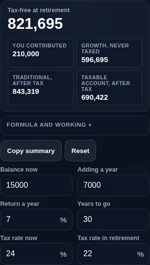Roth IRA calculator running in a phone browser with the two tax-rate fields paired