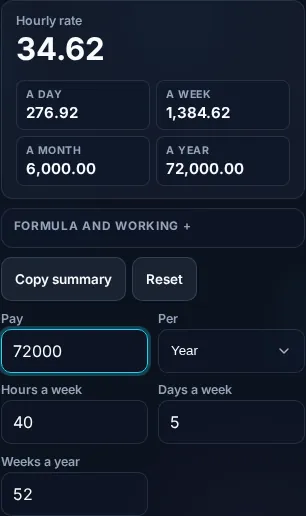Converting salary to hourly on a phone, no app installed.