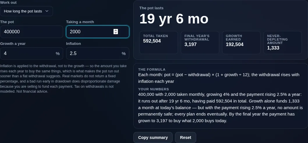 Savings drawdown calculator showing how long a pot lasts when the withdrawal rises with inflation each year rather than staying flat
