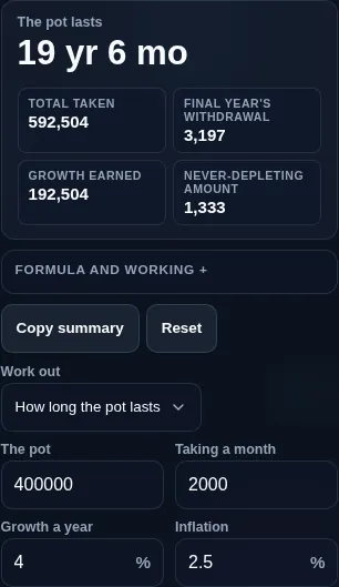 Savings drawdown calculator running in a phone browser with the mode selector at the top