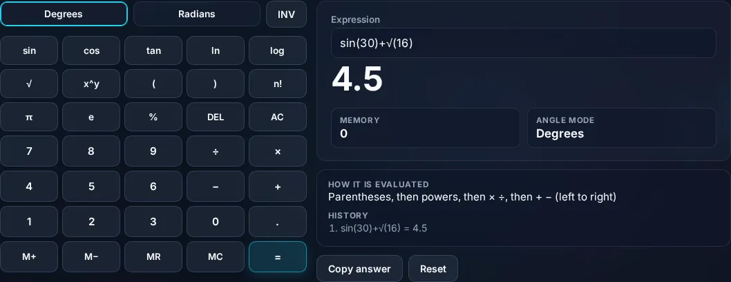Scientific Calculator with trig and log functions in the browser.