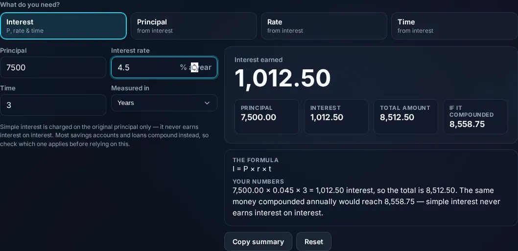 Simple Interest Calculator showing interest and total in the browser.