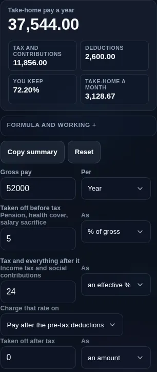 Take-home pay calculator running in a phone browser with the deduction rows stacked