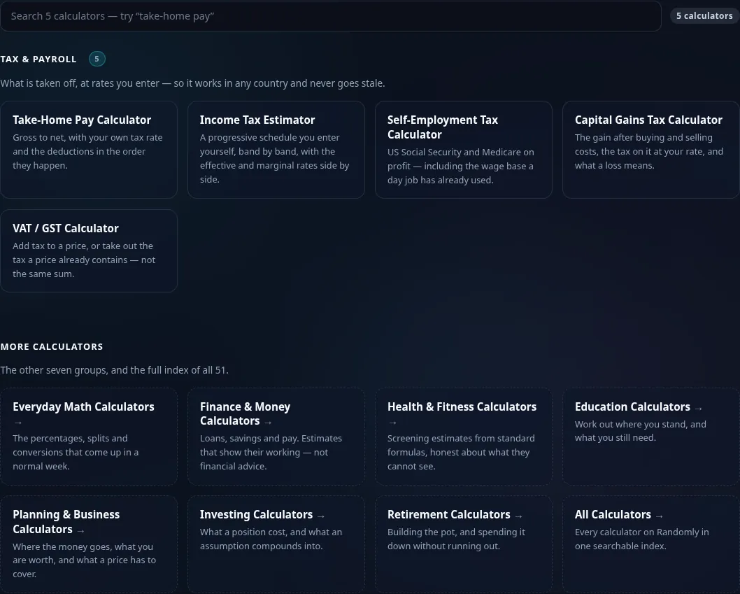The Tax & Payroll calculator grid on Randomly in dark mode — 5 cards: Take-Home Pay, Income Tax Estimator, Self-Employment Tax, Capital Gains Tax, VAT / GST