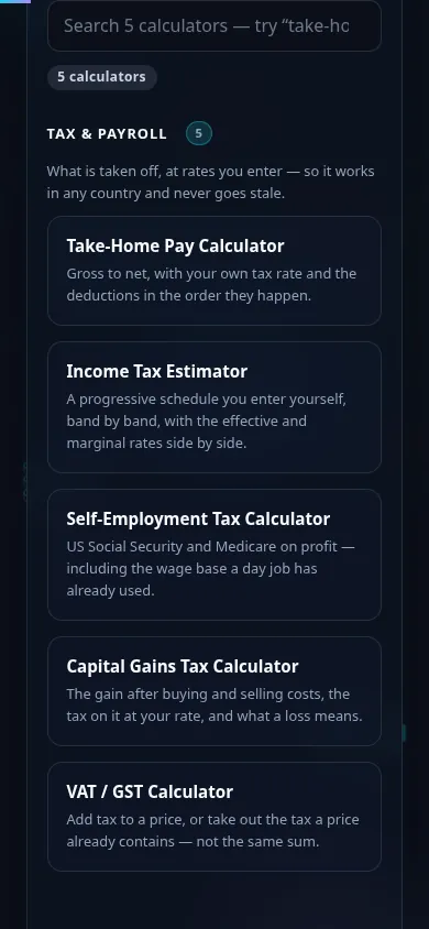 The Tax & Payroll calculators on a phone, the 5 cards stacked in a single column