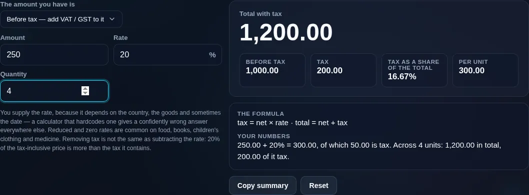 VAT GST calculator totalling four units at 300 each, keeping the per-unit price beside the total
