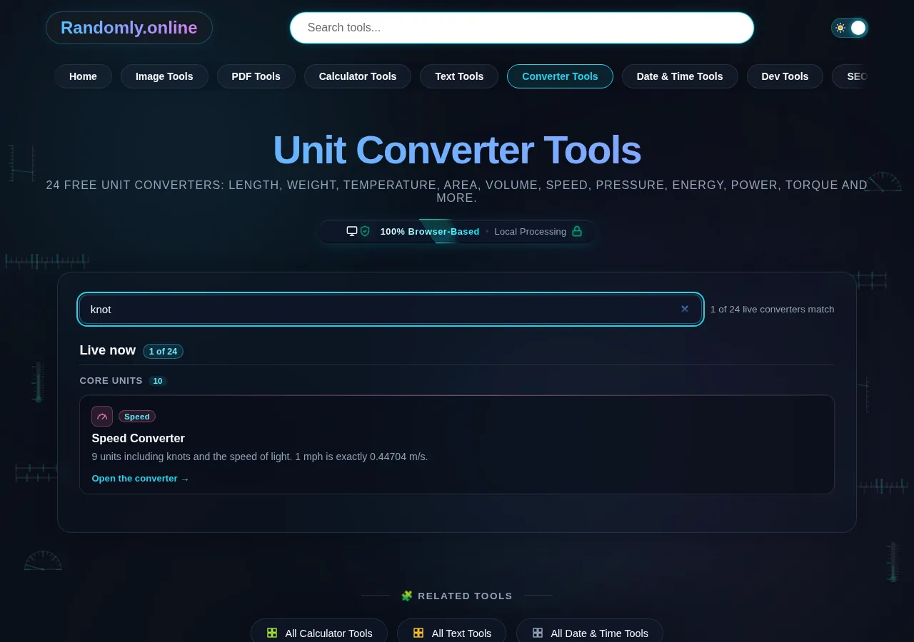 The directory filter field with the word knot typed into it, narrowing the grid to the speed converter because each card lists the units its tool covers.