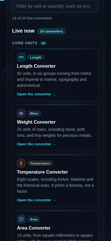The converter tools directory on a phone screen, the cards stacked in one column under the filter field.