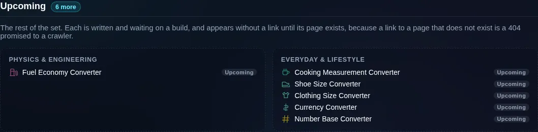 The upcoming section of the converter directory, listing the converters that are written but not yet built as plain text under their group headings, with no links.
