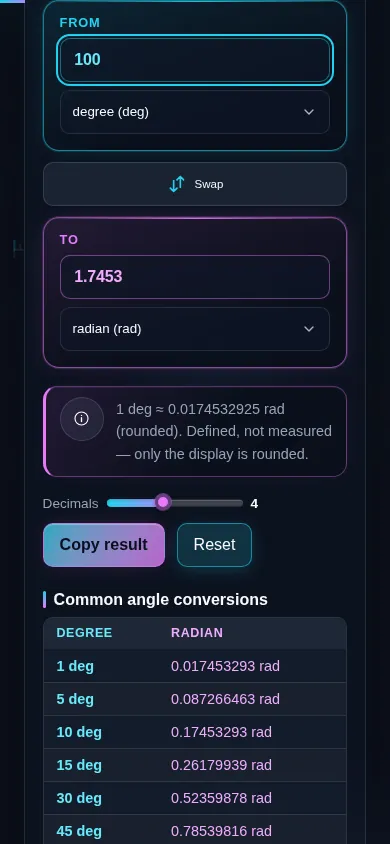 The angle converter on a phone screen, the two panes stacked with the swap control between them.