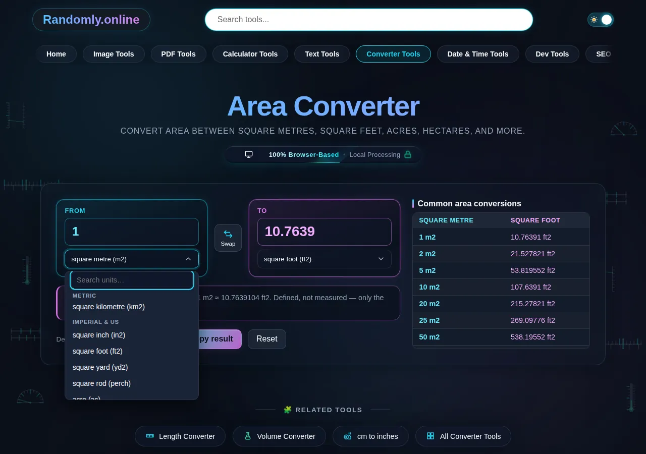 The area converter unit list open at the boundary between its metric group and its imperial and US group, with acre and square mile among the units below the heading.