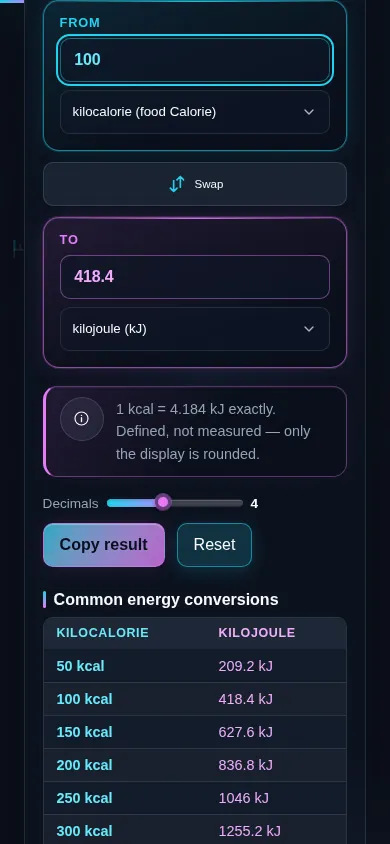 The energy converter on a phone screen, the two panes stacked with the swap control between them.