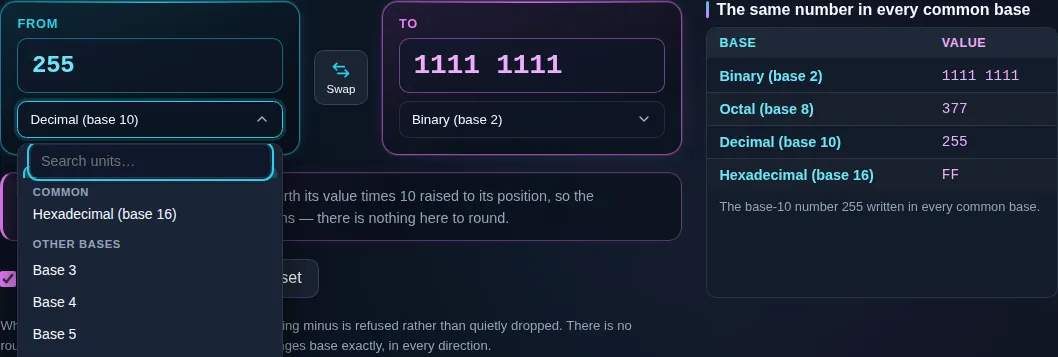 The open base list scrolled to the boundary between its two sections, the tail of the common bases showing hexadecimal, then the numbered bases beginning at base 3, so any base from 2 to 36 is one click away.