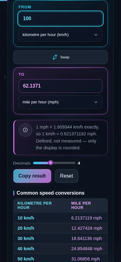 The speed converter on a phone screen, the two panes stacked with the swap control between them.