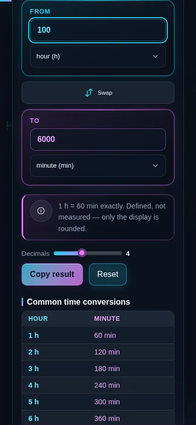 The time converter on a phone screen, the two panes stacked with the swap control between them.