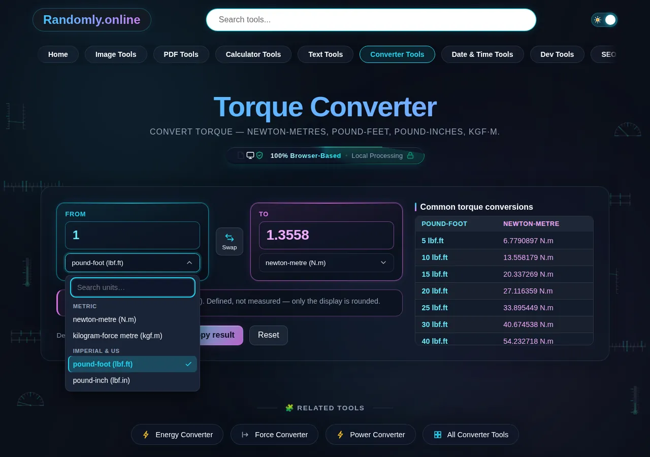 The torque converter unit list showing newton-metre and kilogram-force metre under its metric heading and pound-foot and pound-inch under its imperial and US heading.
