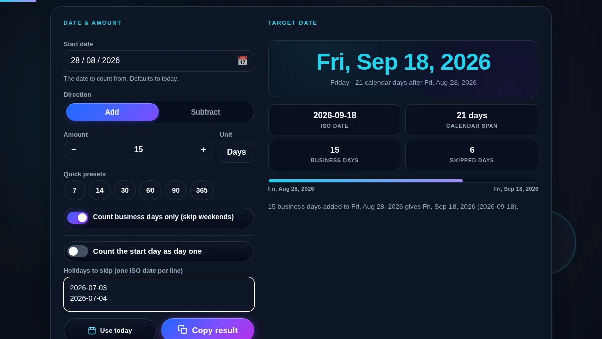 Add days to date calculator in business-days mode with the count-business-days switch on and a holiday list entered, showing the target working day and the number of days skipped