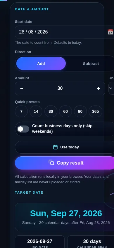 Add days to date calculator on a 390px phone: the start date picker, the add or subtract control, the amount and unit, and the business-days switch stacked in one column above the target date result