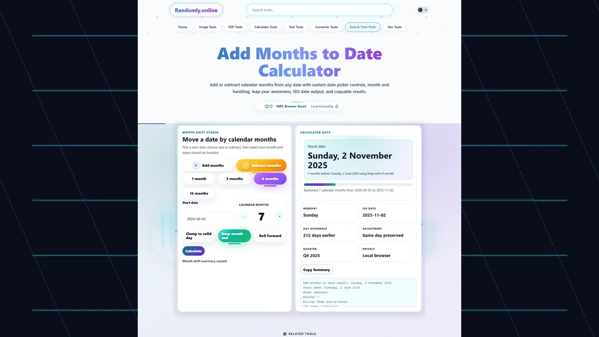 Add Months to Date Calculator with custom date picker, add and subtract mode chips, month amount stepper, month-end policy controls, resulting date, ISO date, day difference, and copy summary button