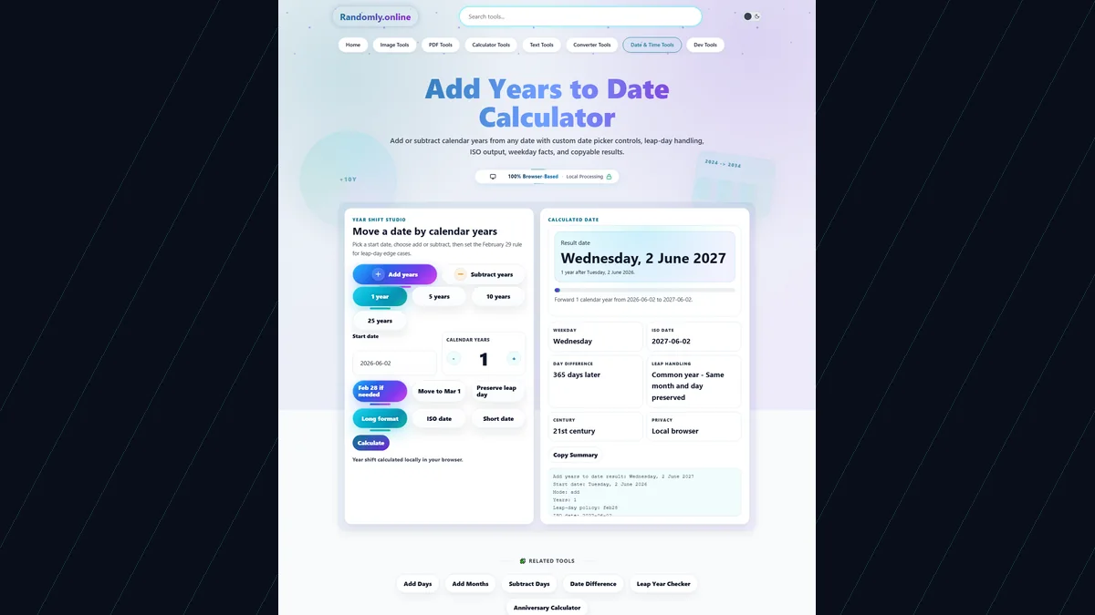 Add Years to Date Calculator with custom date picker, add and subtract year chips, year amount stepper, leap-day policy controls, resulting date, ISO date, day difference, and copy summary button