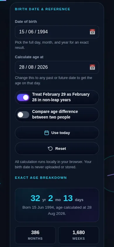 Age calculator on a 390px phone: the date of birth picker and the February 29 and compare-two-people switches stacked in one column above the exact age breakdown and the grid of total time-unit cards