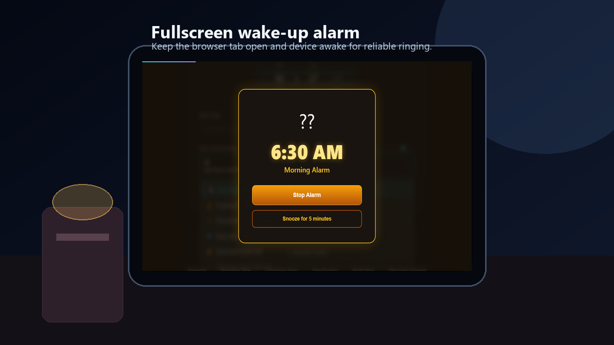 Fullscreen online alarm clock displayed beside a nightstand as a browser wake up alarm