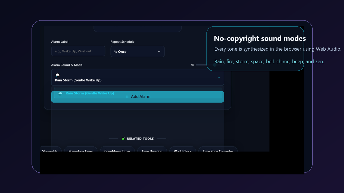 Custom alarm sound dropdown showing no-copyright browser-generated alarm themes
